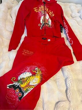 Ed Hardy Red Hoodie and Sweatpants Set with Tiger Motif